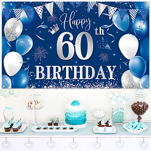 60th Birthday Banner Backdrop,BTZO Happy 60th Birthday Decorations,Blue Silver Fabric Photo Backdrop Background for Men and Women 60th Birthday Party,70.8 x 43.3Inch