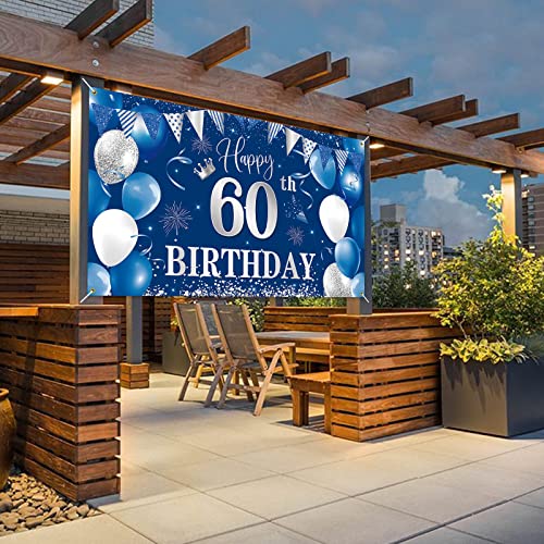 60th Birthday Banner Backdrop,BTZO Happy 60th Birthday Decorations,Blue Silver Fabric Photo Backdrop Background for Men and Women 60th Birthday Party,70.8 x 43.3Inch