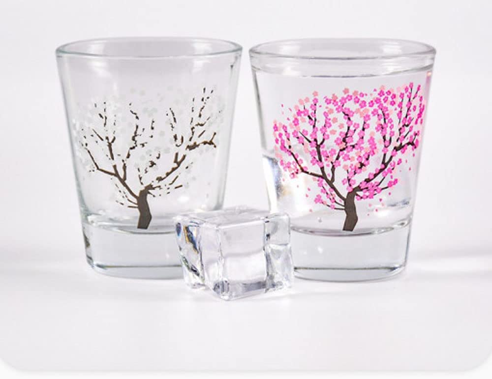 APROFAMILY Emotional Korean Soju Glass Cup with Changing Cherry Blossom Color 4pcs Set Whiskey, tequila, sake, and other alcoholic beverages are available (SOJU(4PCS))