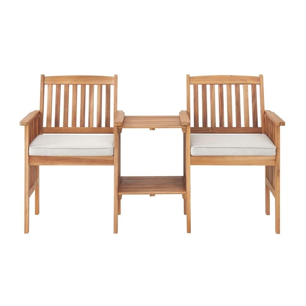 Bristol Acacia Wood Outdoor Double Seat Bench, Attached Table, Weather-Proof, Natural Finish, Porch, 60 in. W x 23 in. D x 35 in. H, Seat: 19 in. W x 17 in. D x 18 in. H, Table: 15 in. W x 18 in. D