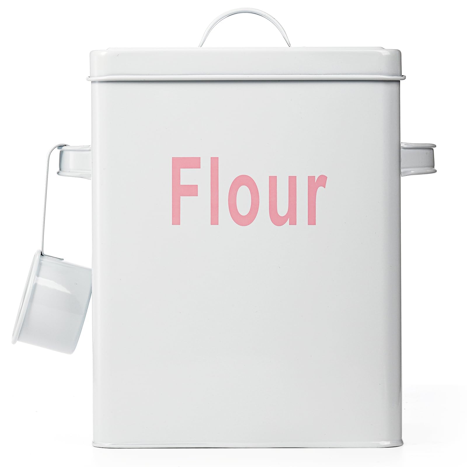 Youeon 1.5 Gallon Metal Flour Storage Container with Airtight Lid and Measuring Scoop, Square Flour Canister with Handle, White Flour Canister for Kitchen Counter, Farmhouse Decor