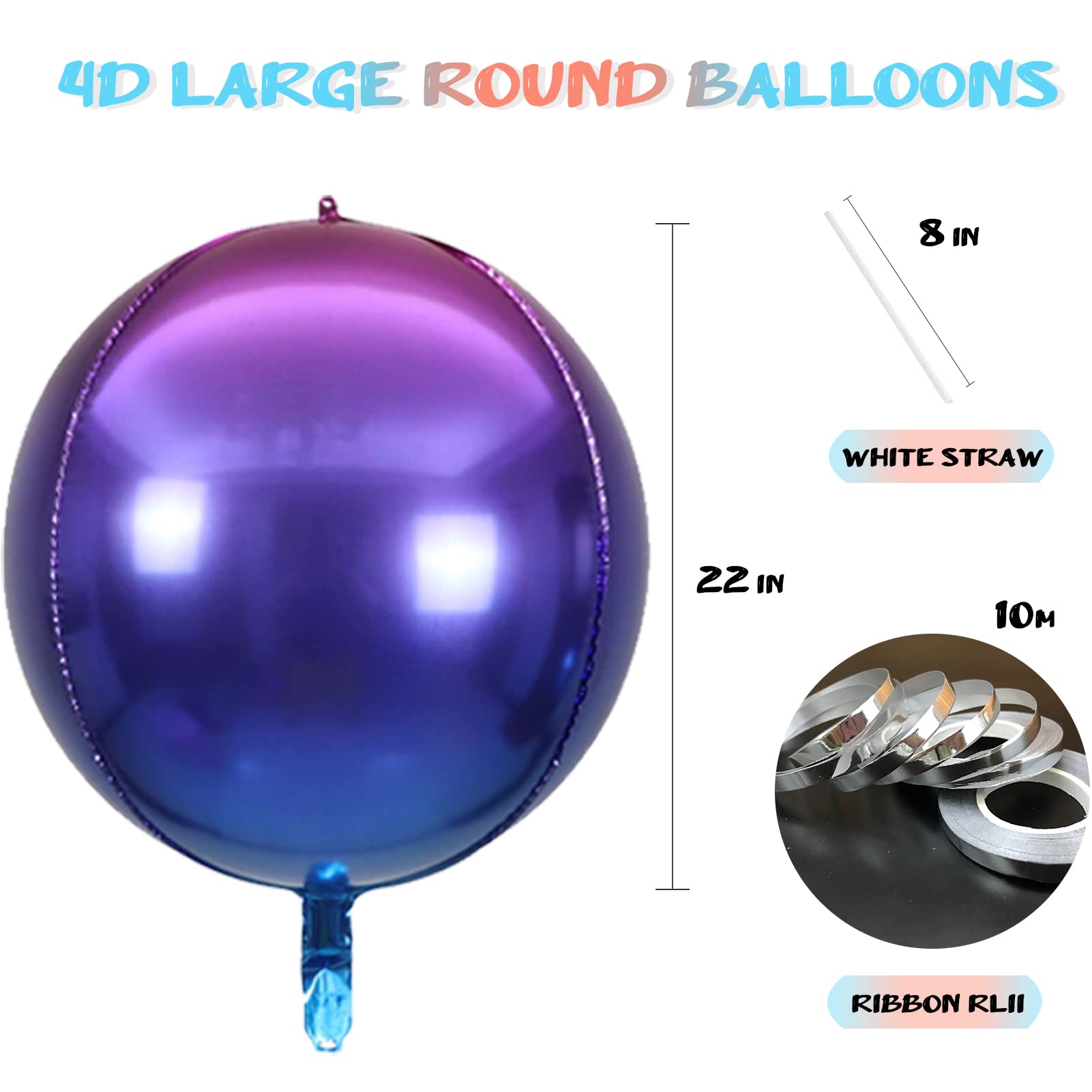 10 Pcs 22 inch Gradient Balloons, Purple Party Decorations 4D Mylar Foil Rainbow Balloons Round Sphere Foil Balloon, Great for Birthday Wedding Parties Balloon Garland Decor (Rainbow Purple -10 Pcs)