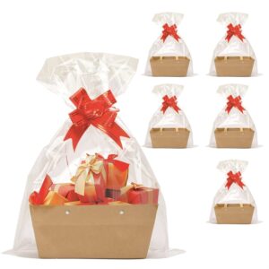 baskets for gifts empty, kraft basket with handles gift basket kit with 5 baskets, 5 shrink wrap bags and 5 bows, gift basket empty to fill bulk for wedding birthday party christmas valentines holiday