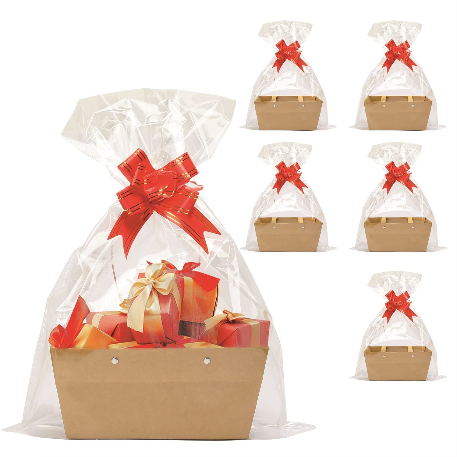 Baskets For Gifts Empty, Kraft Basket With Handles Gift Basket Kit With 5 Baskets, 5 Shrink Wrap Bags and 5 Bows, Gift Basket Empty To Fill Bulk For Wedding Birthday Party Christmas Valentines Holiday