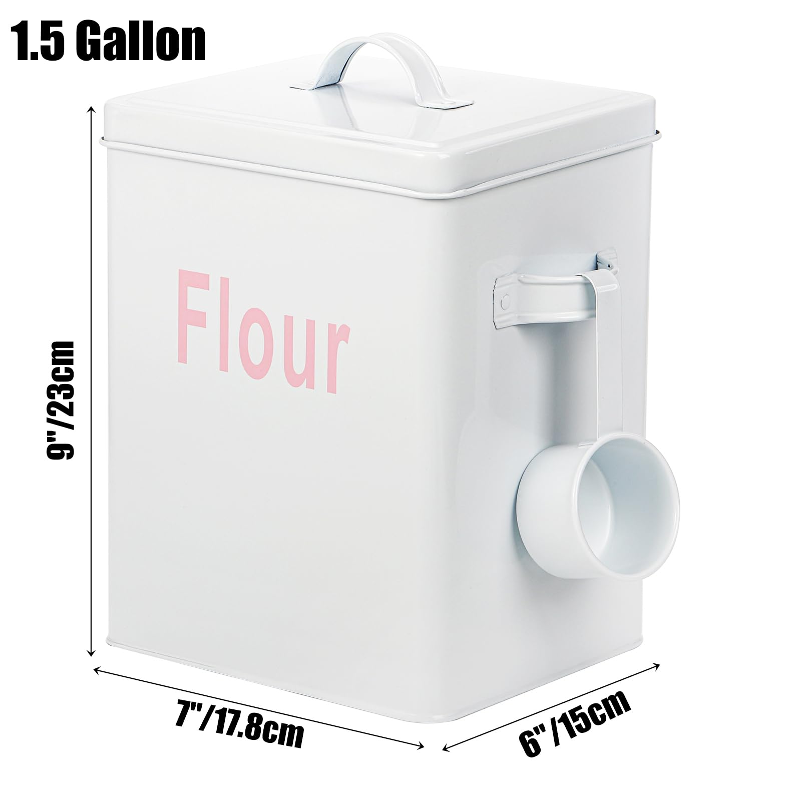 Youeon 1.5 Gallon Metal Flour Storage Container with Airtight Lid and Measuring Scoop, Square Flour Canister with Handle, White Flour Canister for Kitchen Counter, Farmhouse Decor