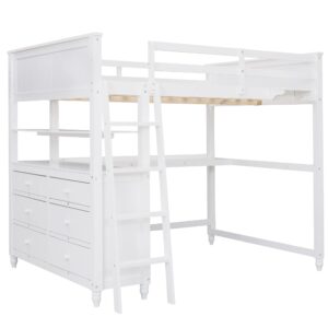 Full Size Loft Bed with Desk and Storage Drawers, Wood Full Loft Bed with Safety Guardrails, Ladder, Headboard and Footboard, High Loft Bed for Kids, Teens, Adults Boys & Girls(Full, White)