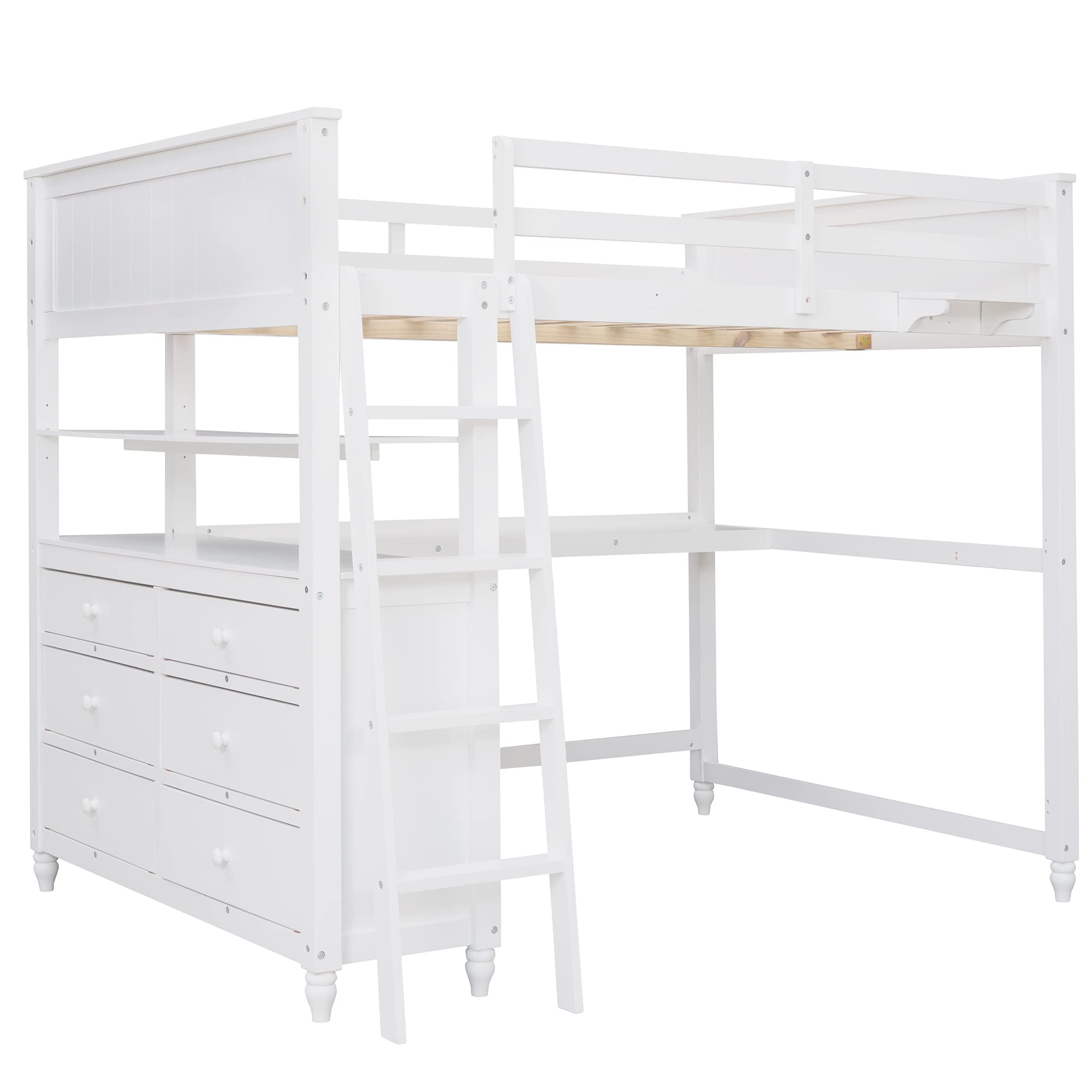 Full Size Loft Bed with Desk and Storage Drawers, Wood Full Loft Bed with Safety Guardrails, Ladder, Headboard and Footboard, High Loft Bed for Kids, Teens, Adults Boys & Girls(Full, White)