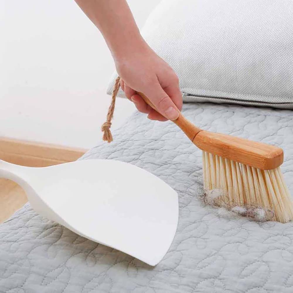 Dustpan and Brush Set, Small Dustpan with Bamboo Handle Brush, Handy Mini Broom and Dustpan Set for Convenient Sweeping, White,11.5 x 7.6 x 2.3 Inch