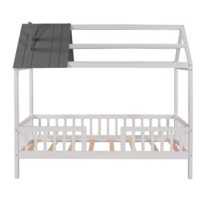 HomSof Twin House Beds Wood Bed Frame Kids Platform Bed with Pine Wood Roof, Fence-Shaped Guardrails, Cabin Bed for Children Kids, Teens, White|Grey, Twin