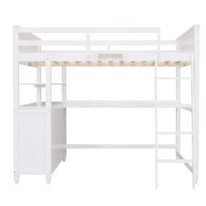 Full Size Loft Bed with Desk and Storage Drawers, Wood Full Loft Bed with Safety Guardrails, Ladder, Headboard and Footboard, High Loft Bed for Kids, Teens, Adults Boys & Girls(Full, White)