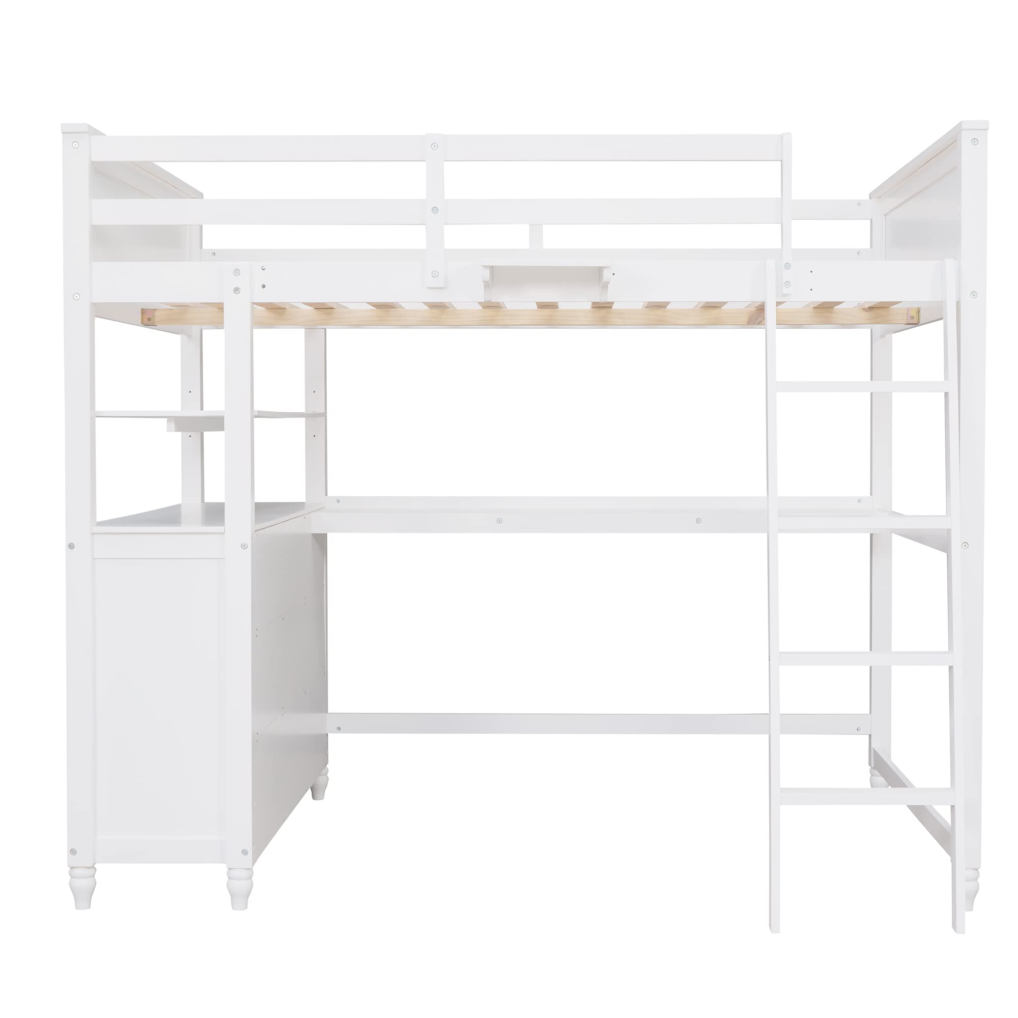 Full Size Loft Bed with Desk and Storage Drawers, Wood Full Loft Bed with Safety Guardrails, Ladder, Headboard and Footboard, High Loft Bed for Kids, Teens, Adults Boys & Girls(Full, White)