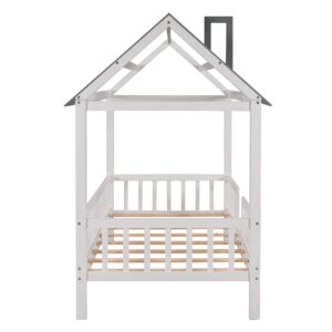 HomSof Twin House Beds Wood Bed Frame Kids Platform Bed with Pine Wood Roof, Fence-Shaped Guardrails, Cabin Bed for Children Kids, Teens, White|Grey, Twin