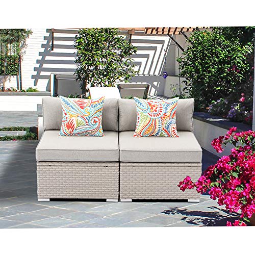 SUNBURY 2 Pieces Patio Sectional Sofa Chair, Add-on Wicker Loveseat in Off White Cushion, Elegant Brown Wicker Outdoor Furniture Seating for Backyard Garden Porch