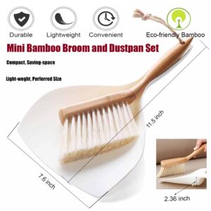 Dustpan and Brush Set, Small Dustpan with Bamboo Handle Brush, Handy Mini Broom and Dustpan Set for Convenient Sweeping, White,11.5 x 7.6 x 2.3 Inch