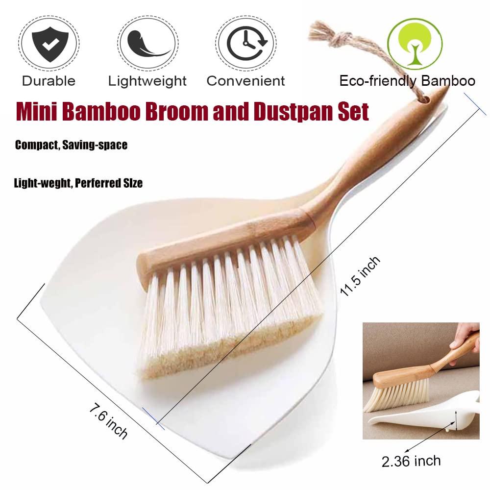 Dustpan and Brush Set, Small Dustpan with Bamboo Handle Brush, Handy Mini Broom and Dustpan Set for Convenient Sweeping, White,11.5 x 7.6 x 2.3 Inch