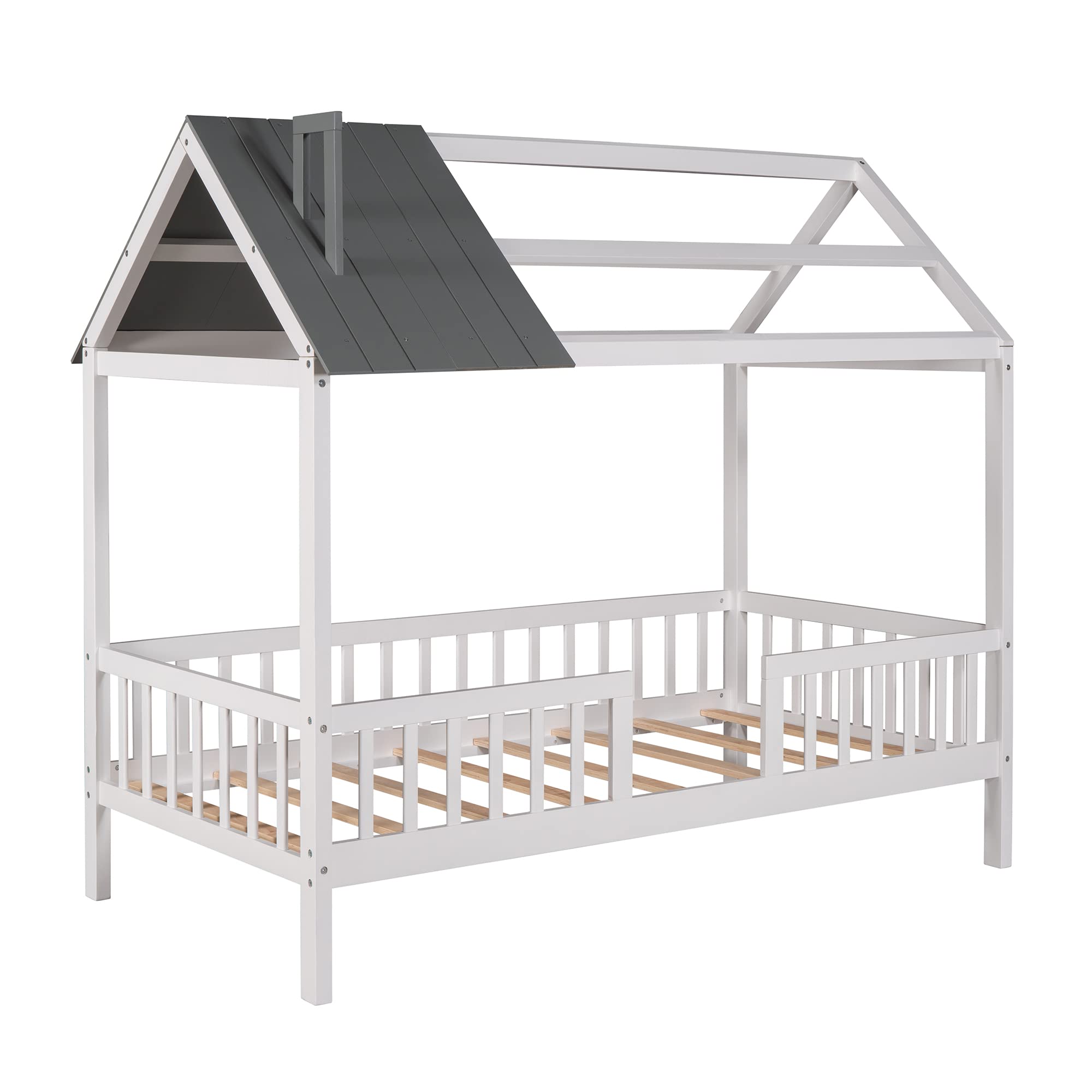 HomSof Twin House Beds Wood Bed Frame Kids Platform Bed with Pine Wood Roof, Fence-Shaped Guardrails, Cabin Bed for Children Kids, Teens, White|Grey, Twin