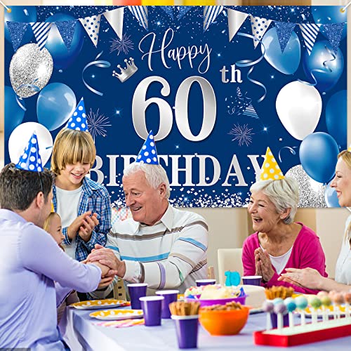 60th Birthday Banner Backdrop,BTZO Happy 60th Birthday Decorations,Blue Silver Fabric Photo Backdrop Background for Men and Women 60th Birthday Party,70.8 x 43.3Inch