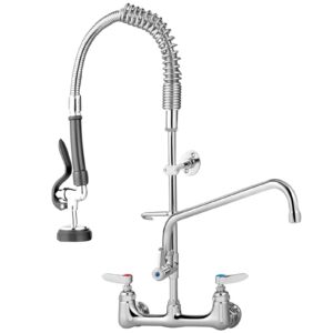 vevor commercial faucet pre-rinse with sprayer, 8in adjustable center wall mount kitchen faucet with 12" swivel spout, 36" height compartment sink faucet for industrial restaurant, lead-free brass