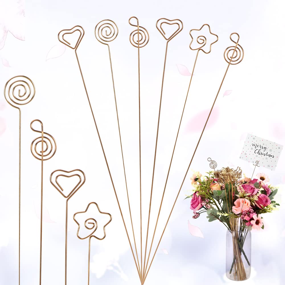 CALIDAKA 40pcs Metal Wire Floral Picks Wire Place Card Holder Stand Gold Floral Card Holder Clip for Wedding Party Birthday Office DIY Cake Topper Shower Party Flower Favor Card Holder(Size:13inch)