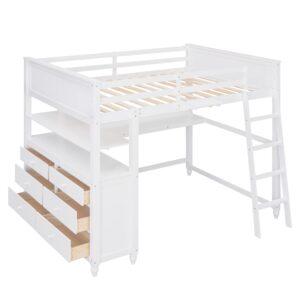 Full Size Loft Bed with Desk and Storage Drawers, Wood Full Loft Bed with Safety Guardrails, Ladder, Headboard and Footboard, High Loft Bed for Kids, Teens, Adults Boys & Girls(Full, White)