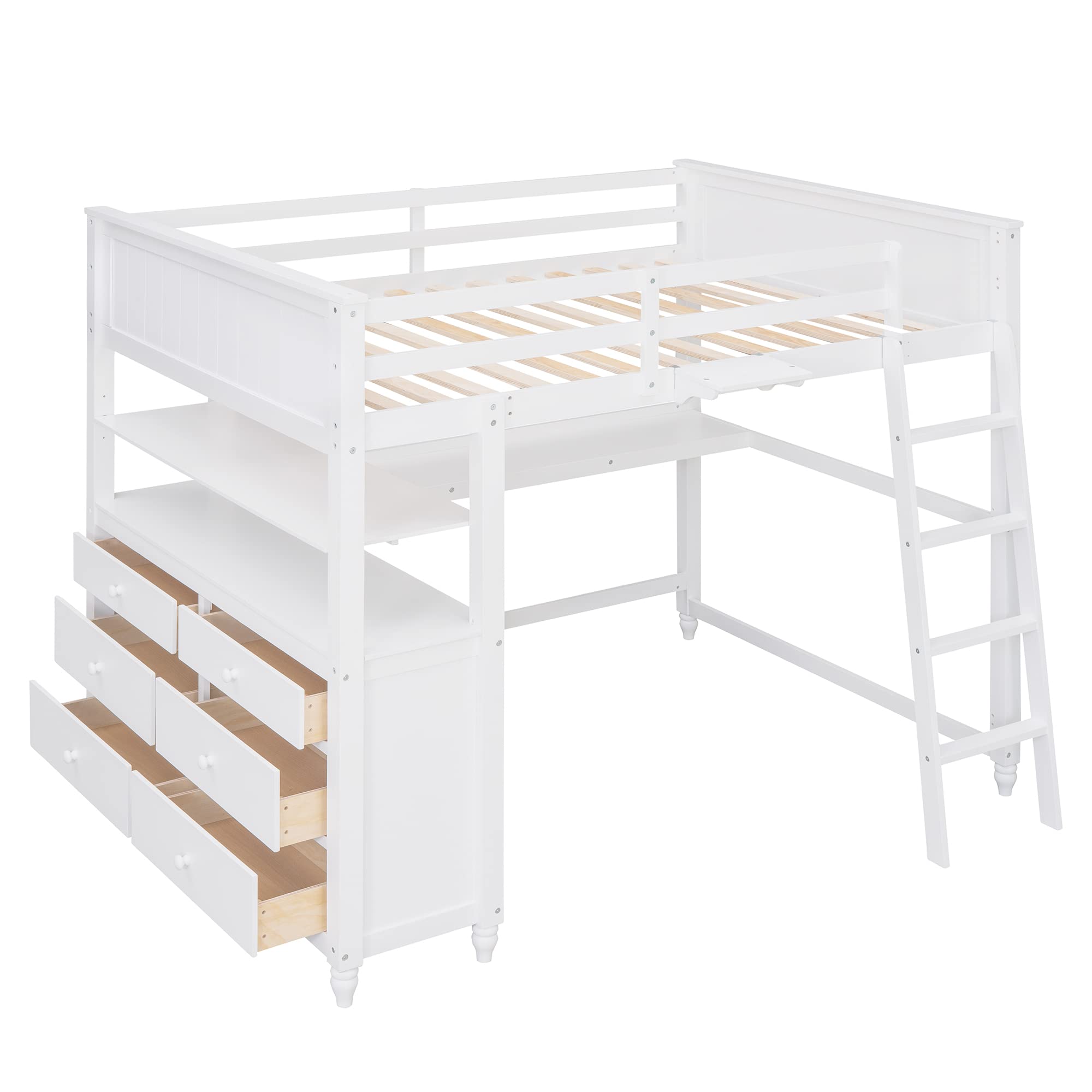 Full Size Loft Bed with Desk and Storage Drawers, Wood Full Loft Bed with Safety Guardrails, Ladder, Headboard and Footboard, High Loft Bed for Kids, Teens, Adults Boys & Girls(Full, White)