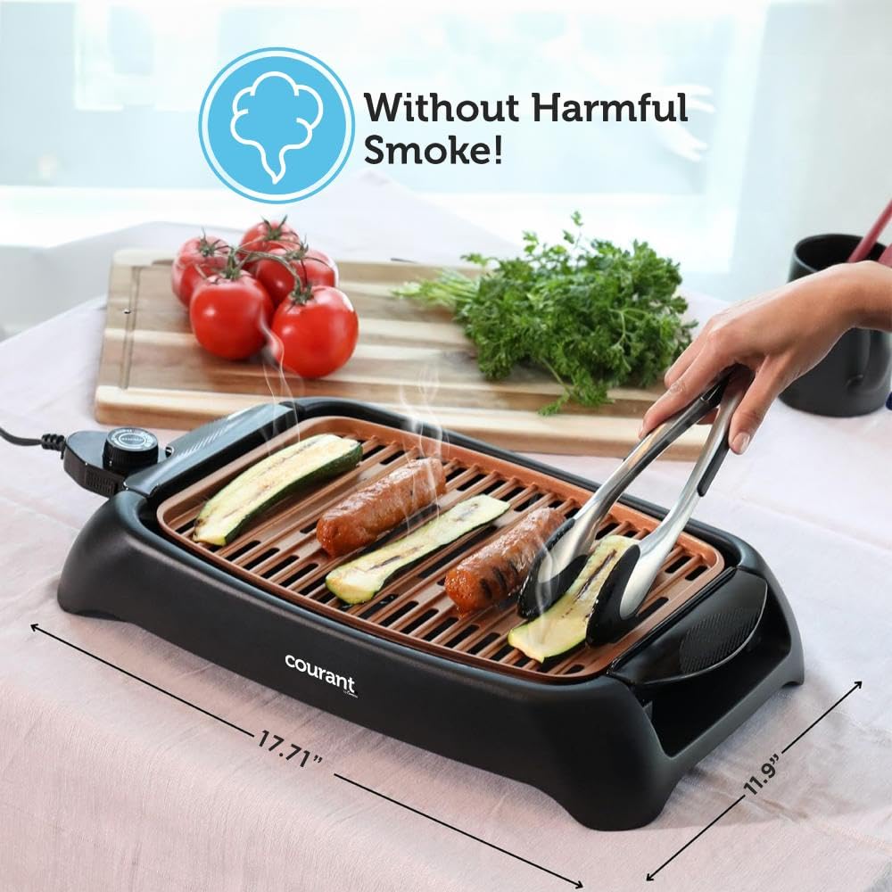 courant smokeless indoor grill, Copper Non-stick Coating Extra Large and Adjustable Temperature Control, Grill BBQ, Table Top Indoor Grill