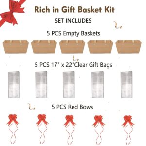 Baskets For Gifts Empty, Kraft Basket With Handles Gift Basket Kit With 5 Baskets, 5 Shrink Wrap Bags and 5 Bows, Gift Basket Empty To Fill Bulk For Wedding Birthday Party Christmas Valentines Holiday