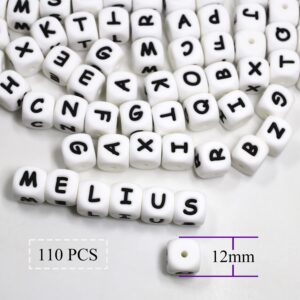 Melius 110Pcs Silicone Letter Beads 12mm A-Z (Extra for Vowel Letter) Even and Accurate Square Letters Beads for Bracelet Stethers Key Chains Necklace Lanyards (White)