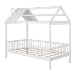 Merax Twin House Bed for Kids,Wood Twin Bed Frame House-Shaped Bed Platform Bed Frame with Roof Windows and Full-Length Safety Rails White