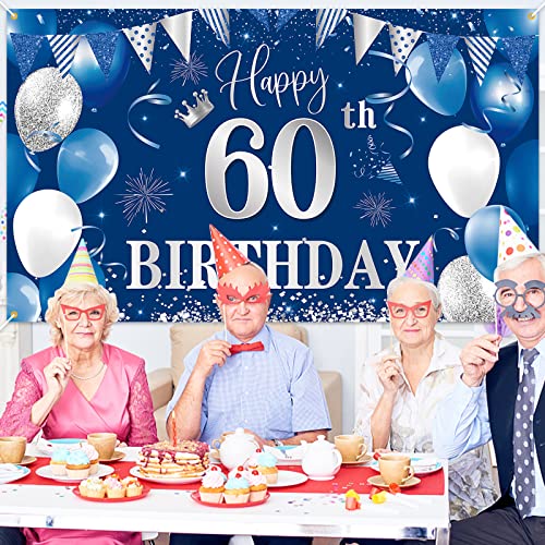 60th Birthday Banner Backdrop,BTZO Happy 60th Birthday Decorations,Blue Silver Fabric Photo Backdrop Background for Men and Women 60th Birthday Party,70.8 x 43.3Inch