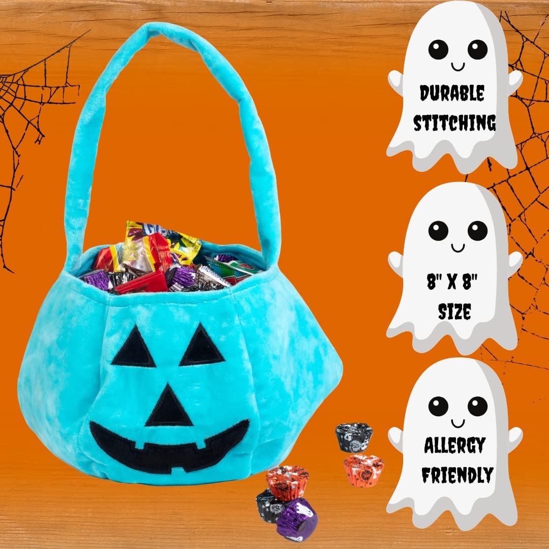 SCS Direct Halloween Teal Pumpkin Fabric Trick or Treat Tote- Soft Canvas Candy Bag 8" x 8" Kids Light Blue Allergy Friendly Awareness