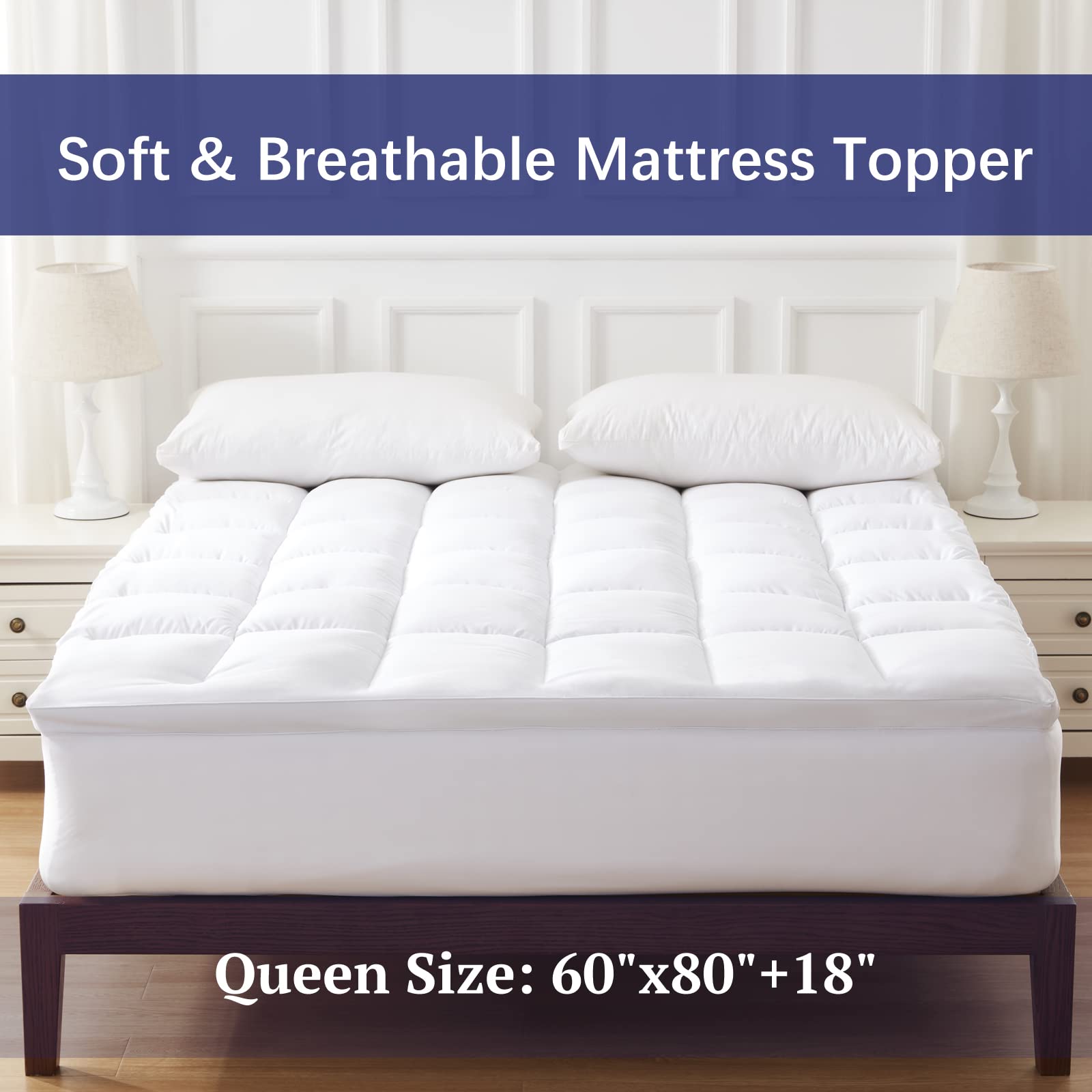 MILDLY Extra Thick Mattress Topper Fitted Mattress Pad Breathable Fluffy Soft Pillow Top Queen Size with 8-21" Elastic Deep Pocket, Overfilled 7D Spiral Fiber Filling