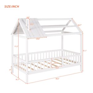 Merax Twin House Bed for Kids,Wood Twin Bed Frame House-Shaped Bed Platform Bed Frame with Roof Windows and Full-Length Safety Rails White