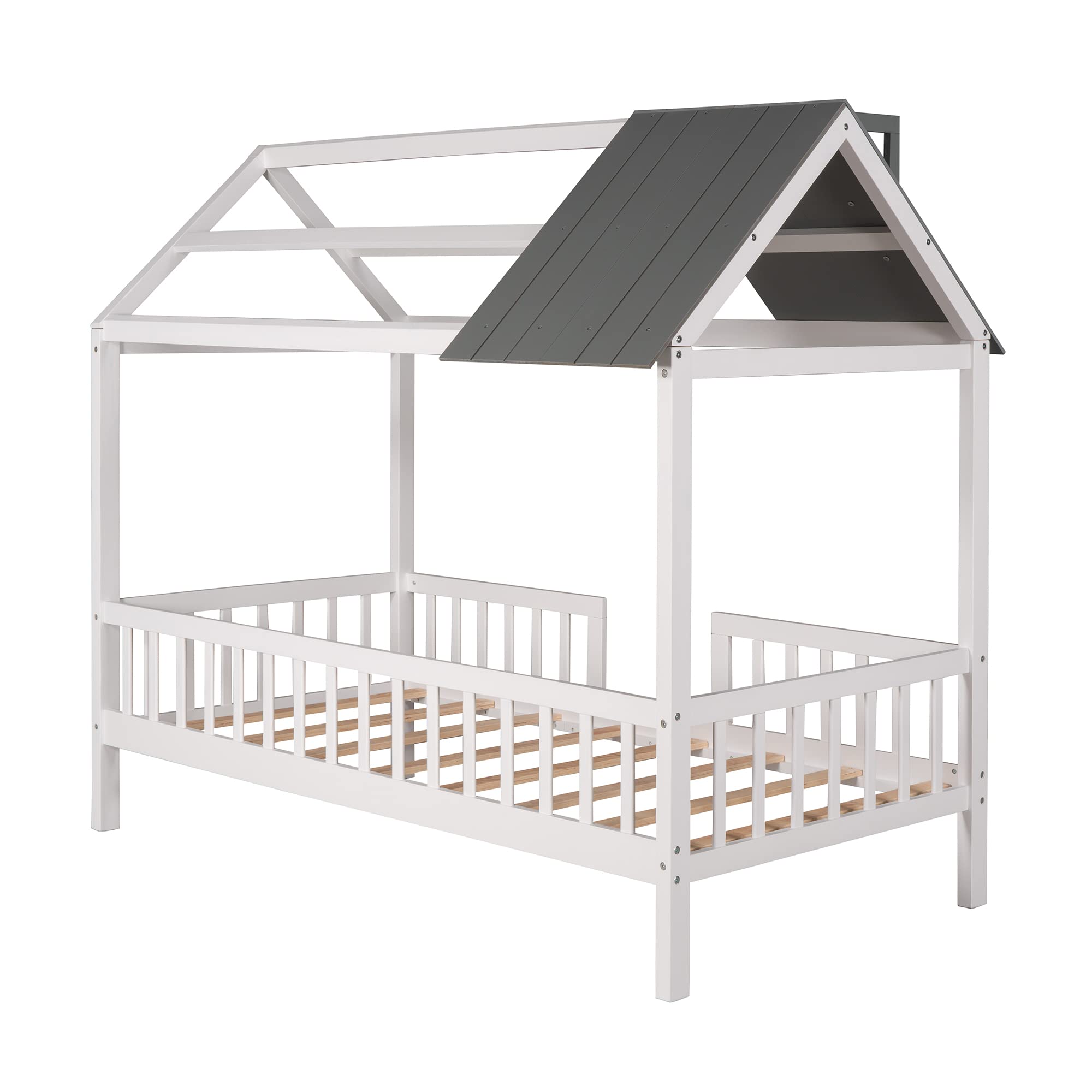 HomSof Twin House Beds Wood Bed Frame Kids Platform Bed with Pine Wood Roof, Fence-Shaped Guardrails, Cabin Bed for Children Kids, Teens, White|Grey, Twin