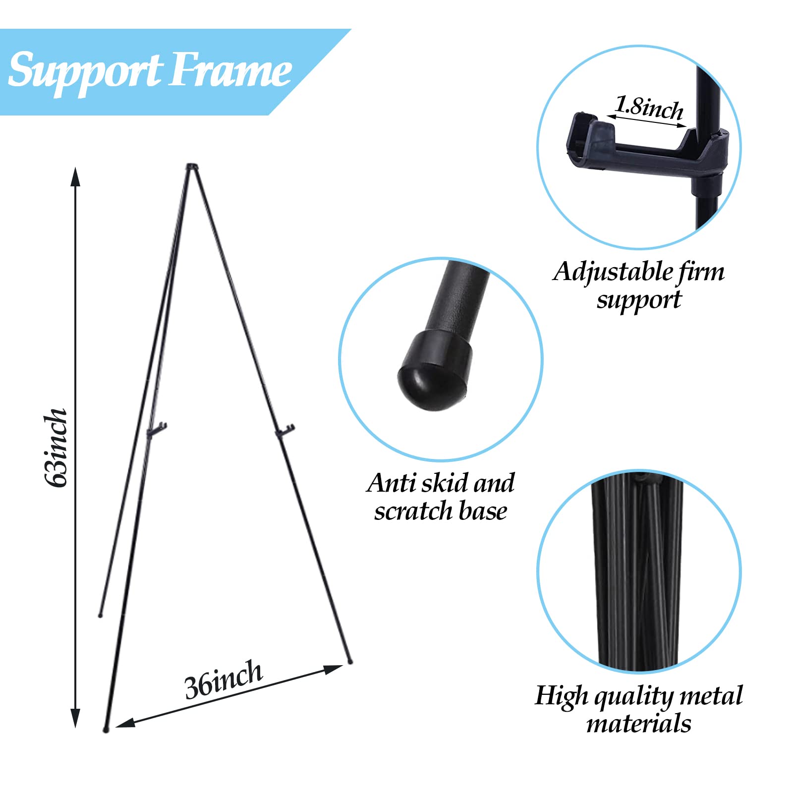 Thickened Easel Stand for Wedding Sign & Poster 63'' Portable Easels for Display Art Easel for Floor Adjustable Metal Easel Stand,Quick Set-Up Tripod Stand, Presentations,Signs,Posters (Black 1PC)