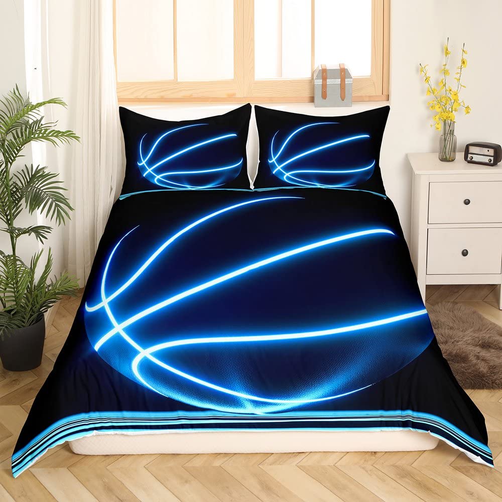 Erosebridal Sports Comforter Cover for Boys Neon Basketball Duvet Cover 3pcs Kids Teens Sports Theme Bedding Sets Full Glowing Basketball Bedding,Ball Gaming Quilt Cover Soft,Black Blue