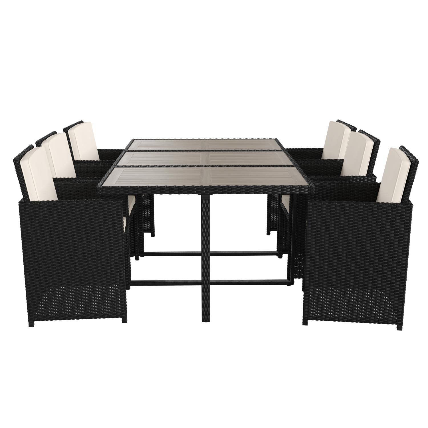 Flash Furniture Peregrine 7 Piece Outdoor Patio Dining Set - Space Saving Black Wicker Modular Chairs & Cream Cushions-Gray Finish Acacia Wood Table-Seating for 6