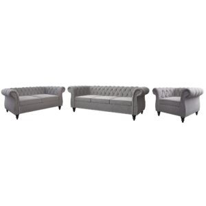 3 Piece Living Room Set, Velvet Chesterfield Sofa Loveseat Couch Chair with Scroll Arms and Nailhead for Living Room, Office (Grey)