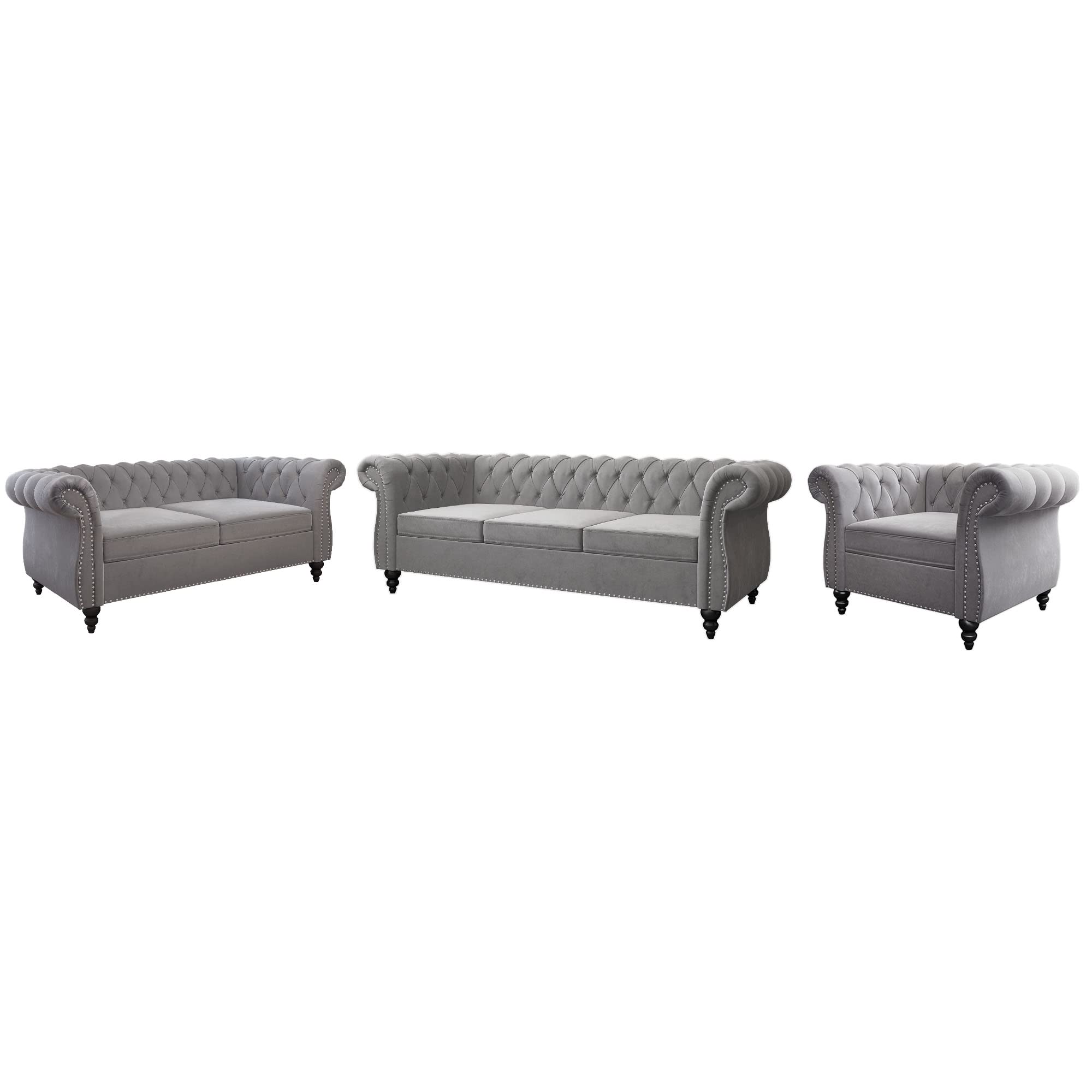 3 Piece Living Room Set, Velvet Chesterfield Sofa Loveseat Couch Chair with Scroll Arms and Nailhead for Living Room, Office (Grey)