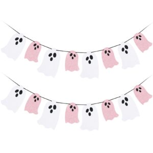 halloween hanging ghost banner white pink glitter halloween party ghost banner for haunted houses doorways indoor outdoor home decor haunted mansion halloween ghost decorations (2 pack)