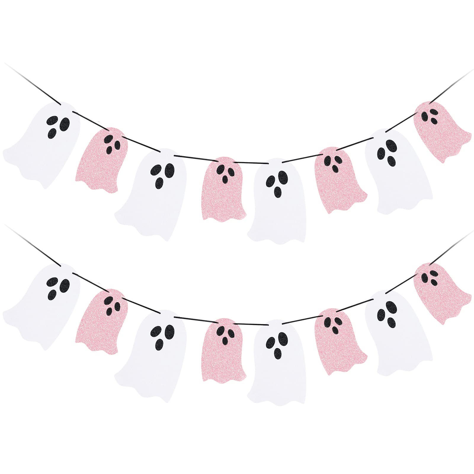 Halloween Hanging Ghost Banner White Pink Glitter Halloween Party Ghost Banner for Haunted Houses Doorways Indoor Outdoor Home Decor Haunted Mansion Halloween Ghost Decorations (2 Pack)