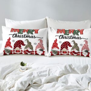 VIVIHOME 3PCS Merry Christmas Duvet Cover Full, Cute Gnome Duvet Cover, White Bedding, Snowflake Red Buffalo Plaid Striped Leopard Print Holiday Xmas Comforter Bedspread Quilt Cover, 2 Pillow Shams