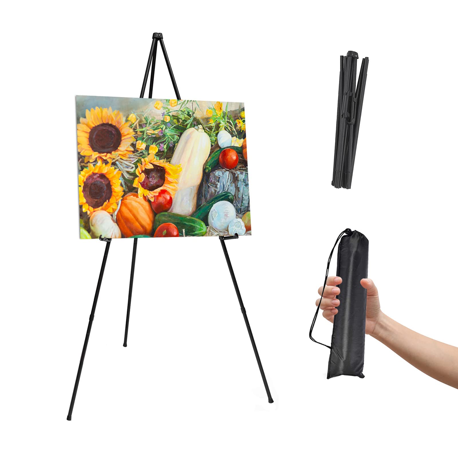 Thickened Easel Stand for Wedding Sign & Poster 63'' Portable Easels for Display Art Easel for Floor Adjustable Metal Easel Stand,Quick Set-Up Tripod Stand, Presentations,Signs,Posters (Black 1PC)