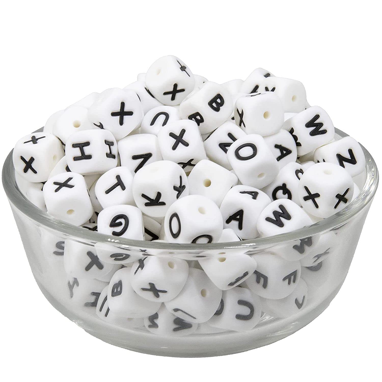 Melius 110Pcs Silicone Letter Beads 12mm A-Z (Extra for Vowel Letter) Even and Accurate Square Letters Beads for Bracelet Stethers Key Chains Necklace Lanyards (White)