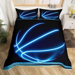 Erosebridal Sports Comforter Cover for Boys Neon Basketball Duvet Cover 3pcs Kids Teens Sports Theme Bedding Sets Full Glowing Basketball Bedding,Ball Gaming Quilt Cover Soft,Black Blue