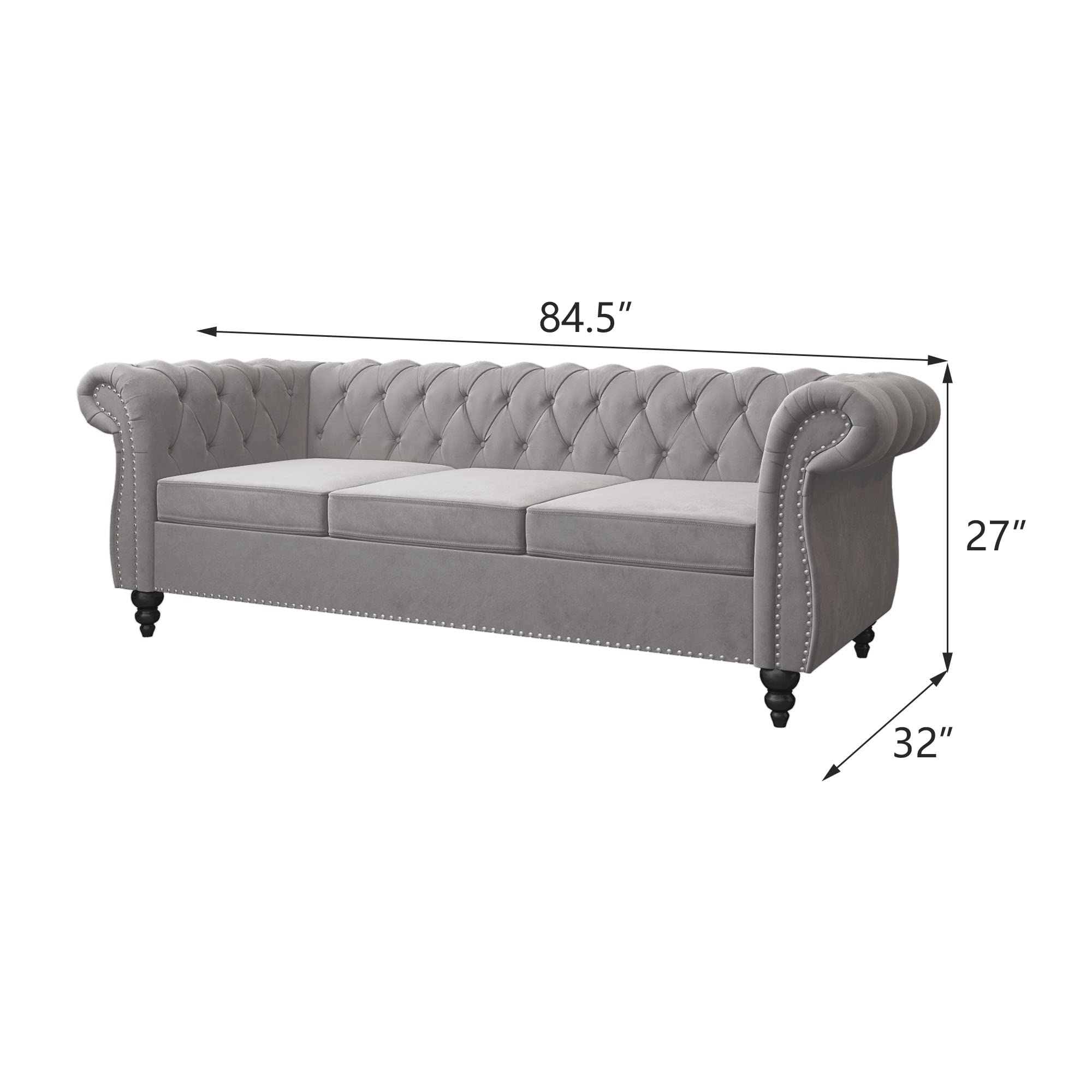 3 Piece Living Room Set, Velvet Chesterfield Sofa Loveseat Couch Chair with Scroll Arms and Nailhead for Living Room, Office (Grey)