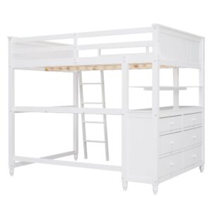 Full Size Loft Bed with Desk and Storage Drawers, Wood Full Loft Bed with Safety Guardrails, Ladder, Headboard and Footboard, High Loft Bed for Kids, Teens, Adults Boys & Girls(Full, White)