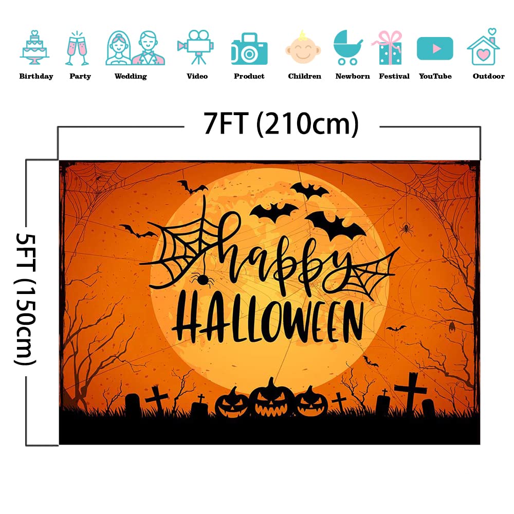 Mocsicka Happy Halloween Backdrop Orange Night Moon Graveyard Background Spooky Pumpkin Spider Web Halloween Party Cake Table Decoration Banner Photo Booth Props (7x5ft)