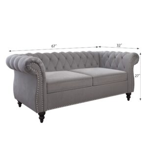 3 Piece Living Room Set, Velvet Chesterfield Sofa Loveseat Couch Chair with Scroll Arms and Nailhead for Living Room, Office (Grey)