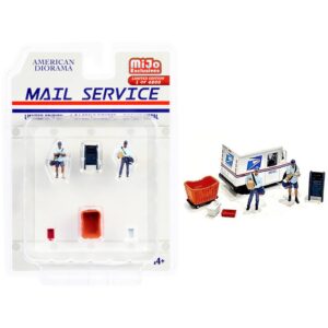 american diorama mail service 6 piece diecast set (2 male mail carrier figurines and 4 accessories) limited edition to 4800 pieces worldwide for 1/64 scale models